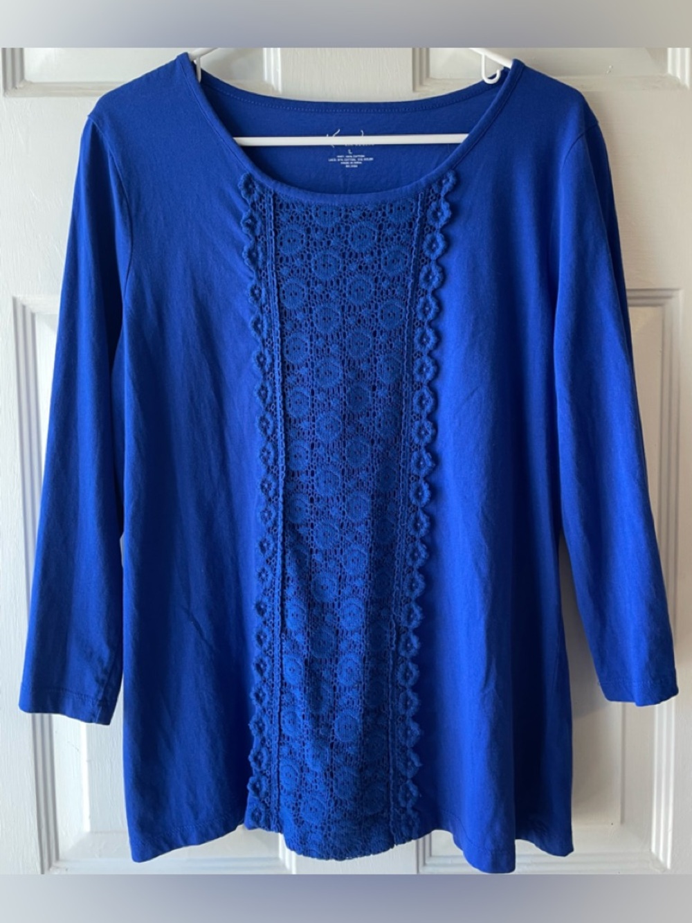 Kim Rogers Royal Blue Circle Floral Pattern Lace Front Cotton Knit Top Large